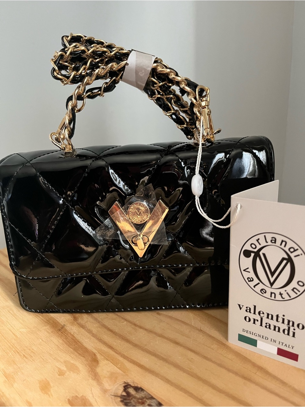 Valentino Orlandi Black Patent Quilted Chain Clutch with Gold Hardware